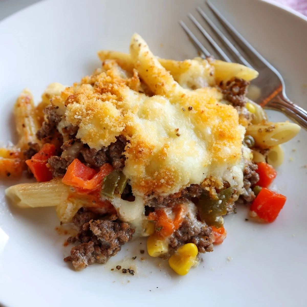 Fresh from the oven Hearty Cheesy Baked Casserole with golden crust, gooey cheese.