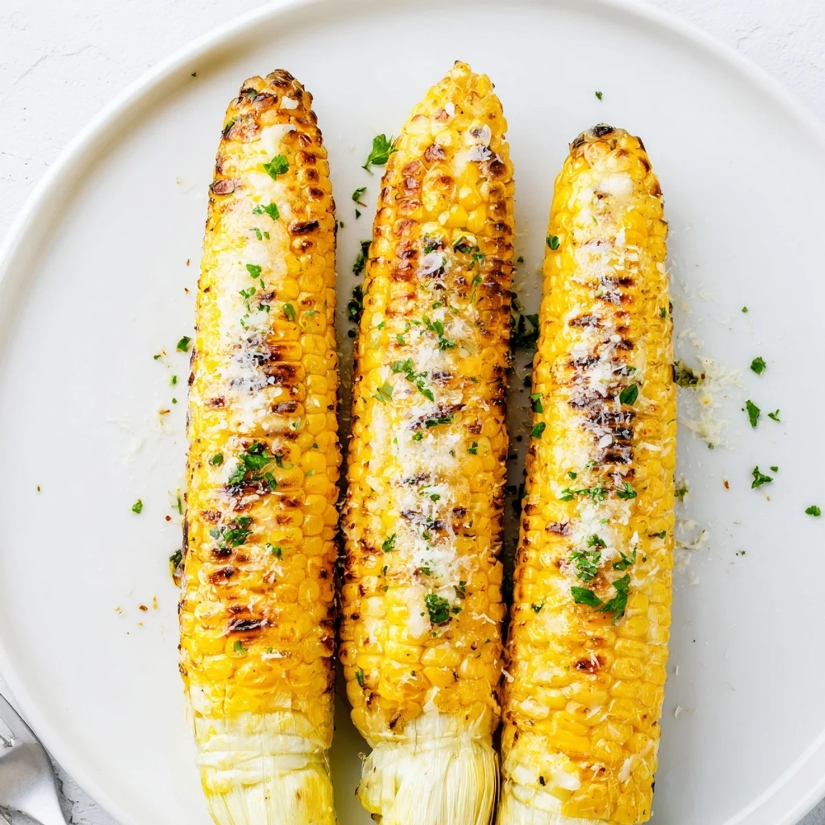 Garlic Parmesan Corn On The Cob grilled with buttery garlic, charred kernels and steam.