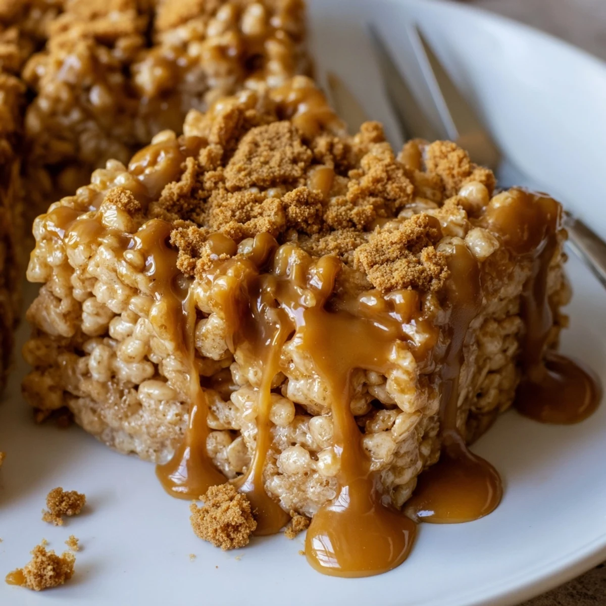 Biscoff Rice Krispie Treats glistening with melted Biscoff, cut into squares