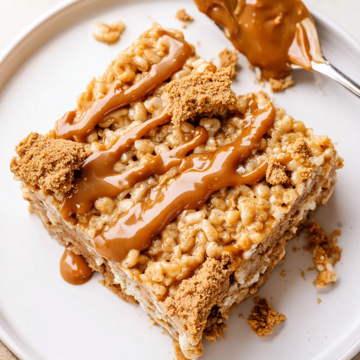 Warm Biscoff Rice Krispie Treats offer chewy, crunchy texture topped with crumbs