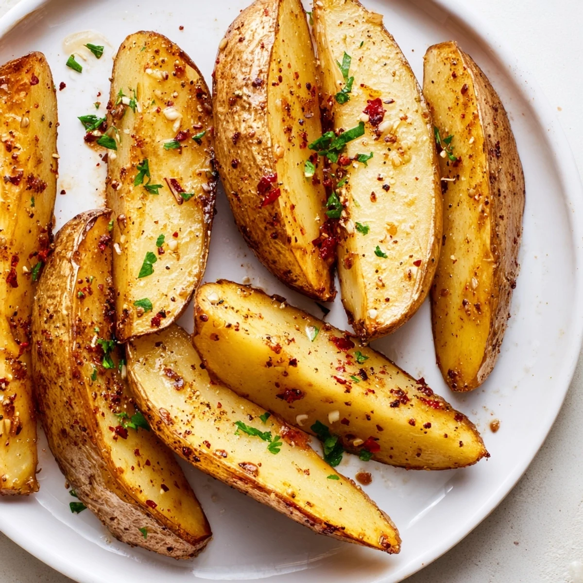 Seasoned Potato Wedges on parchment-lined baking sheet, sprinkled with fresh parsley