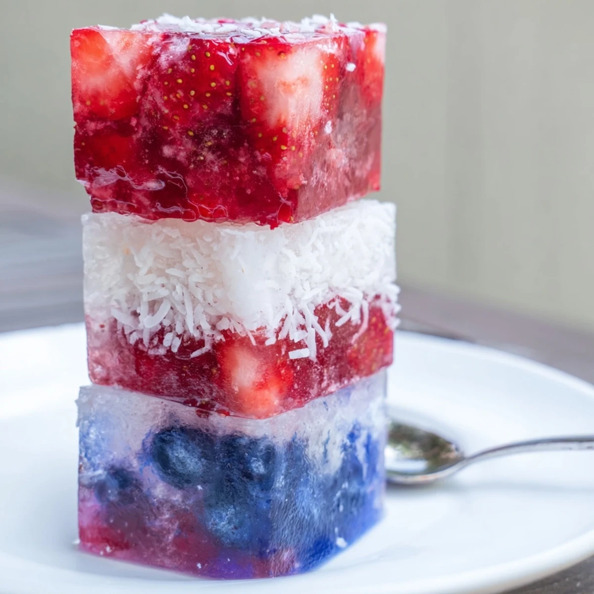 Homemade Red White And Blue Ice Cubes Recipe: close-up of glossy frozen fruit layers.