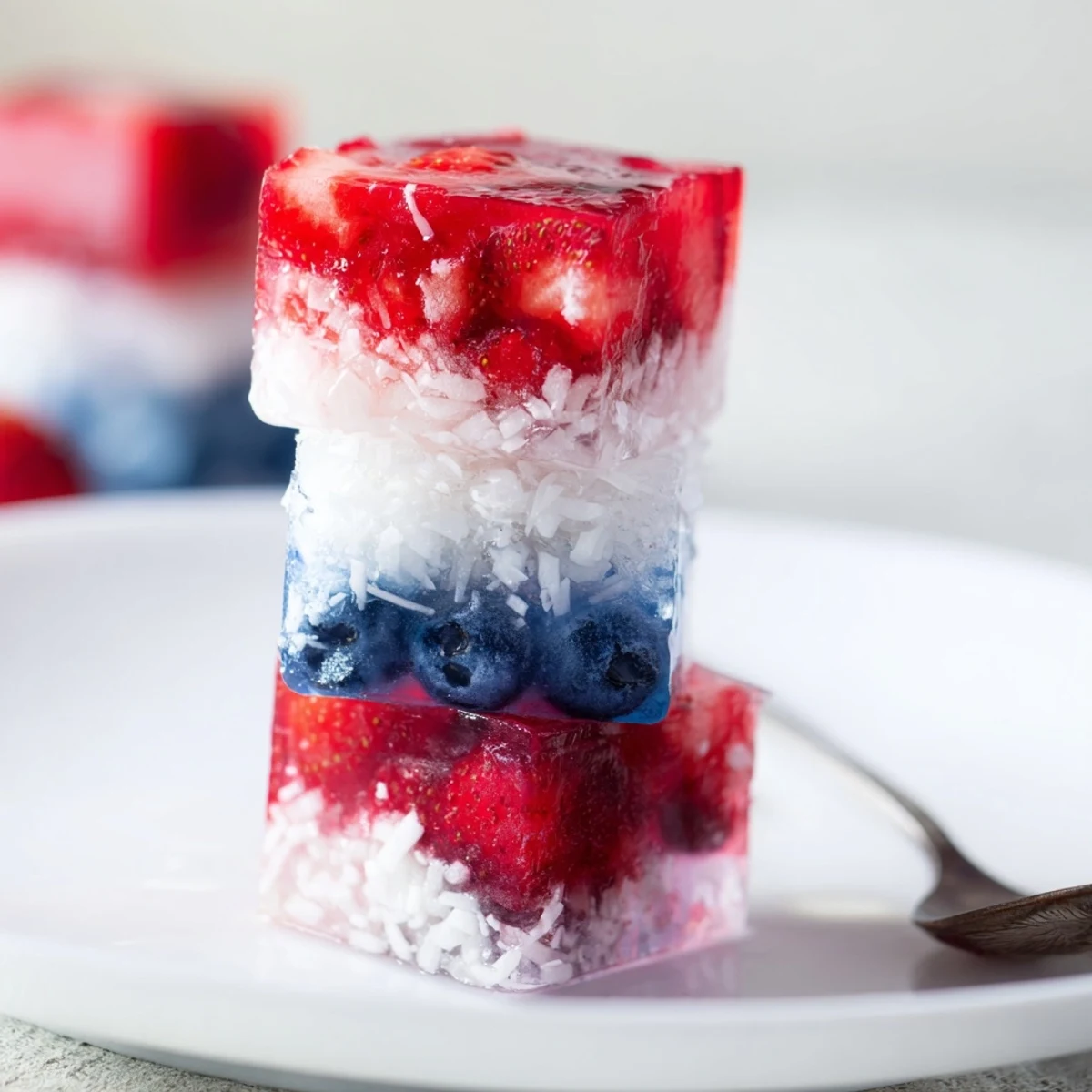 Red White And Blue Ice Cubes Recipe in tray, bright berries and creamy coconut.