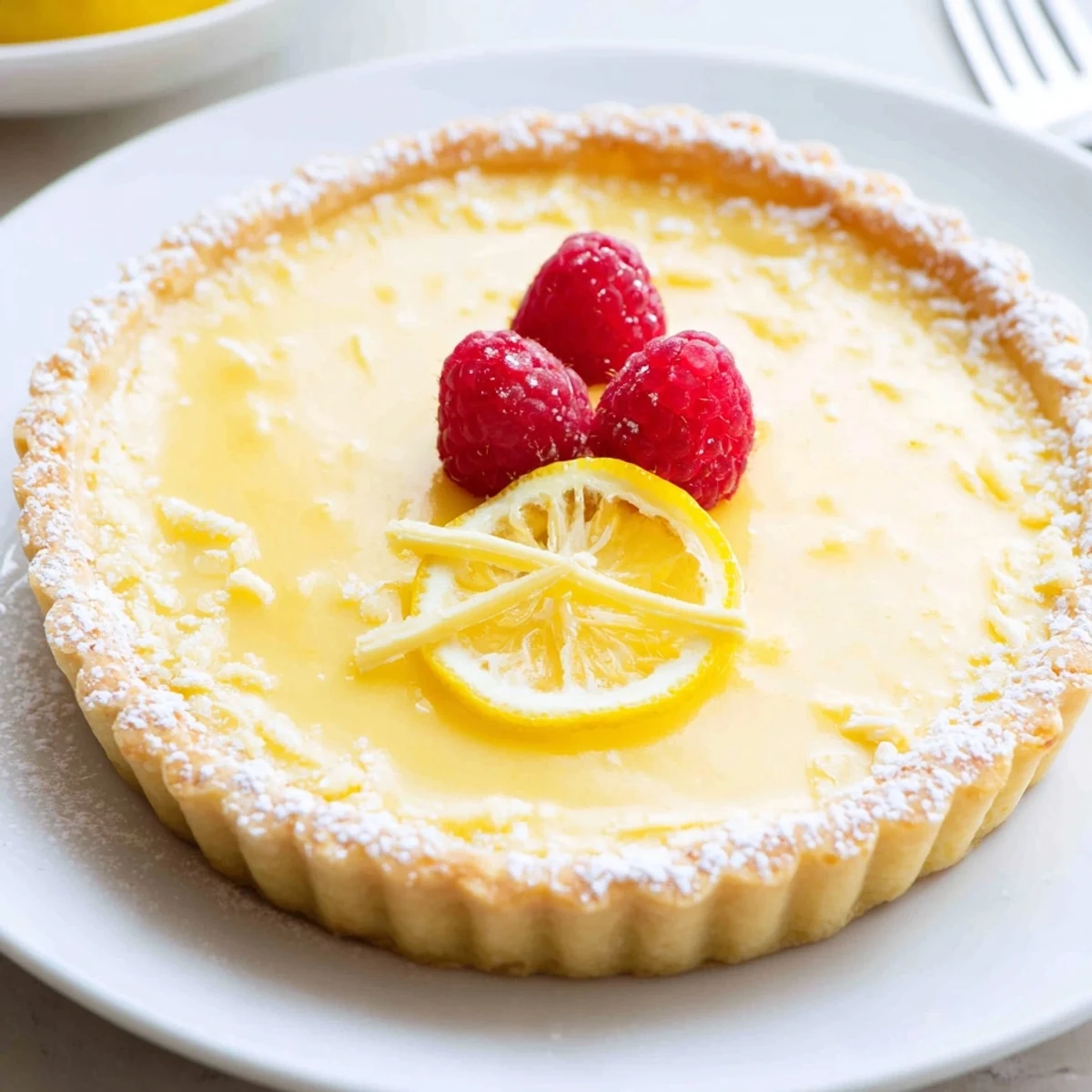 Slice of Creamy Lemon Tart Recipe on plate, buttery crust, bright citrus aroma