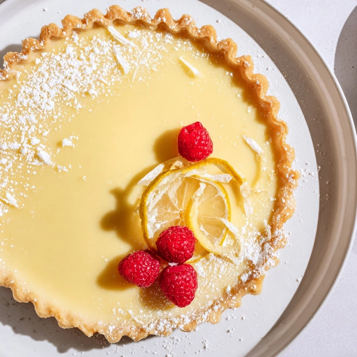 A chilled Creamy Lemon Tart Recipe garnished with fresh berries and zest