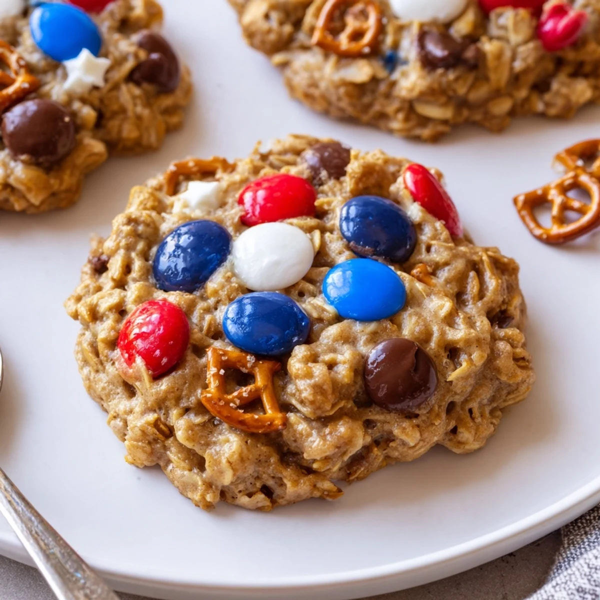 A plate of Patriotic Monster Cookies Recipe piled high, colorful chocolate crunch  