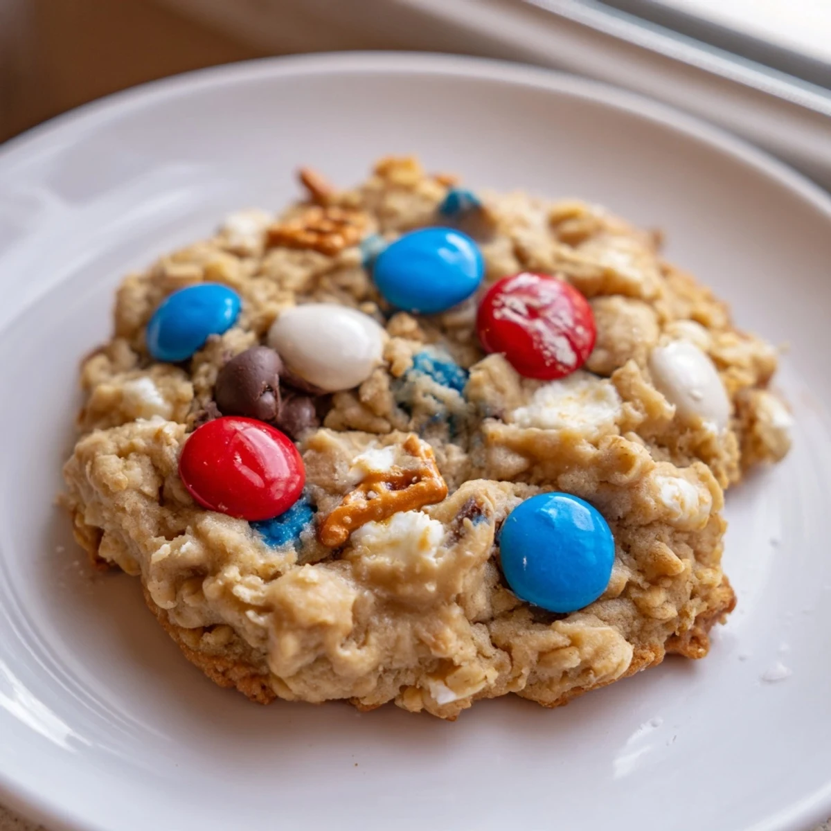 Warm Patriotic Monster Cookies Recipe cooling on rack, chewy oats and candy  