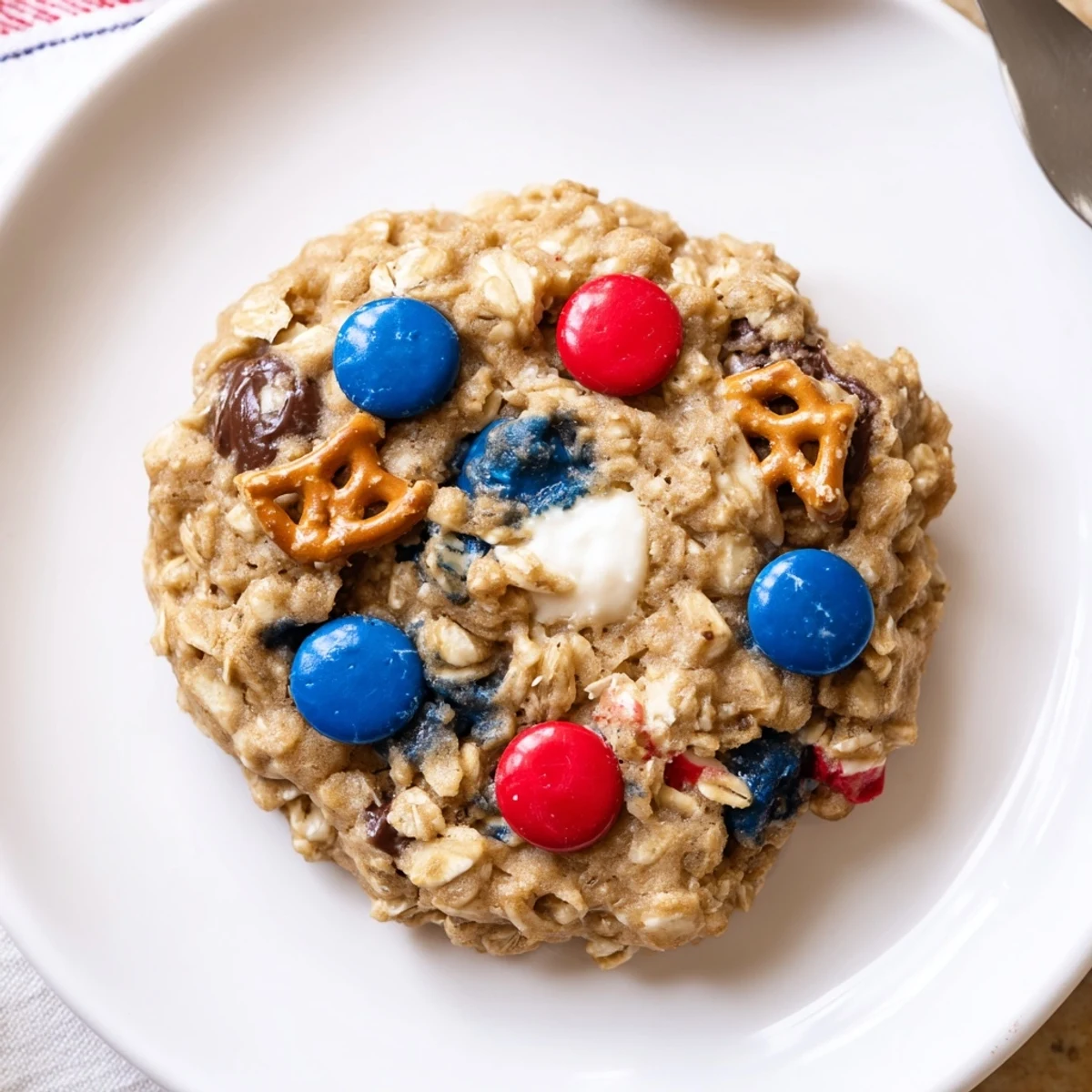 Close-up of Patriotic Monster Cookies Recipe showing melted chips, hint of peanut butter