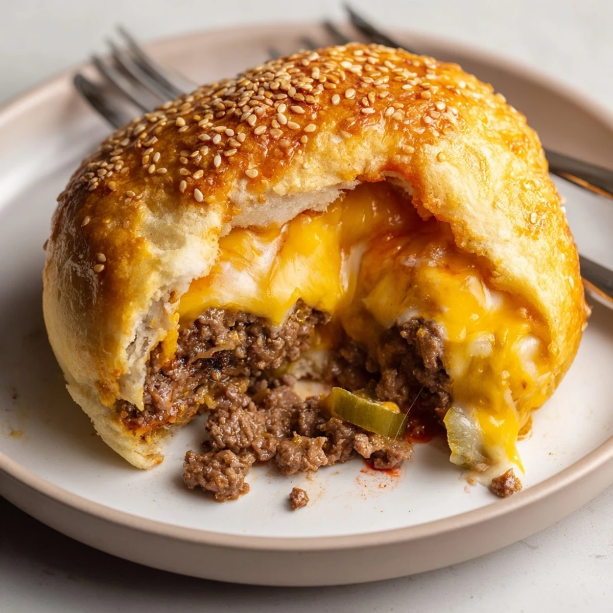 Cheesy Cheeseburger Bombs Explosion Recipe: golden biscuit wrapped patties oozing melted cheddar