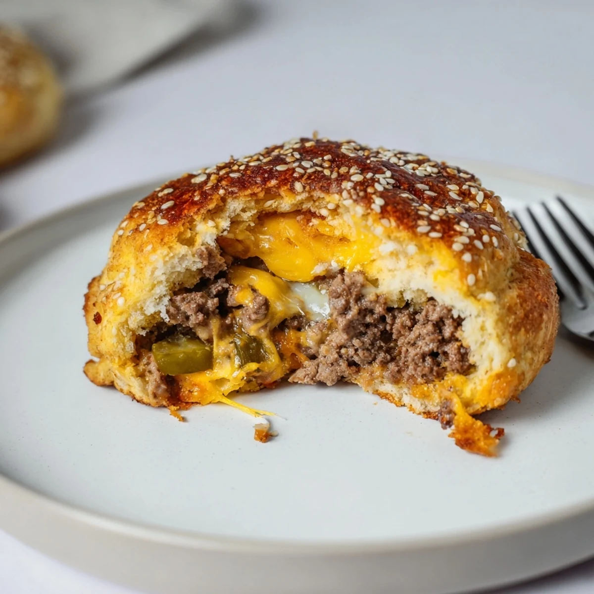 Creamy mozzarella centered Cheesy Cheeseburger Bombs Explosion Recipe cooling on parchment, sesame topped