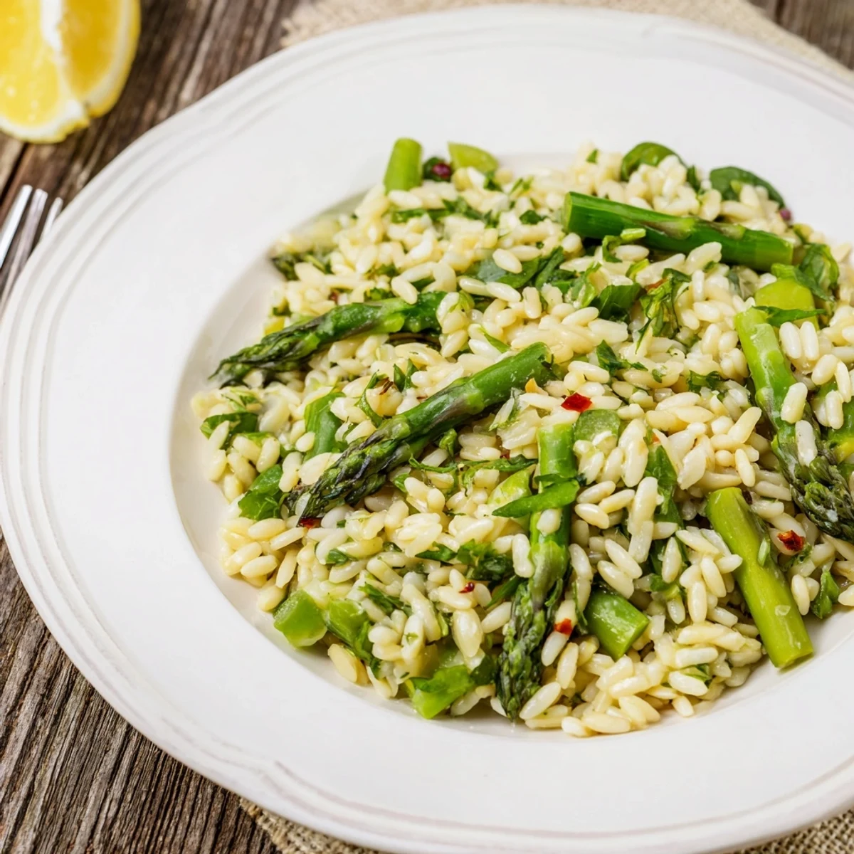 Asparagus Orzo Salad With Lemon Vinaigrette: bright citrus aroma, chilled, tossed with feta.