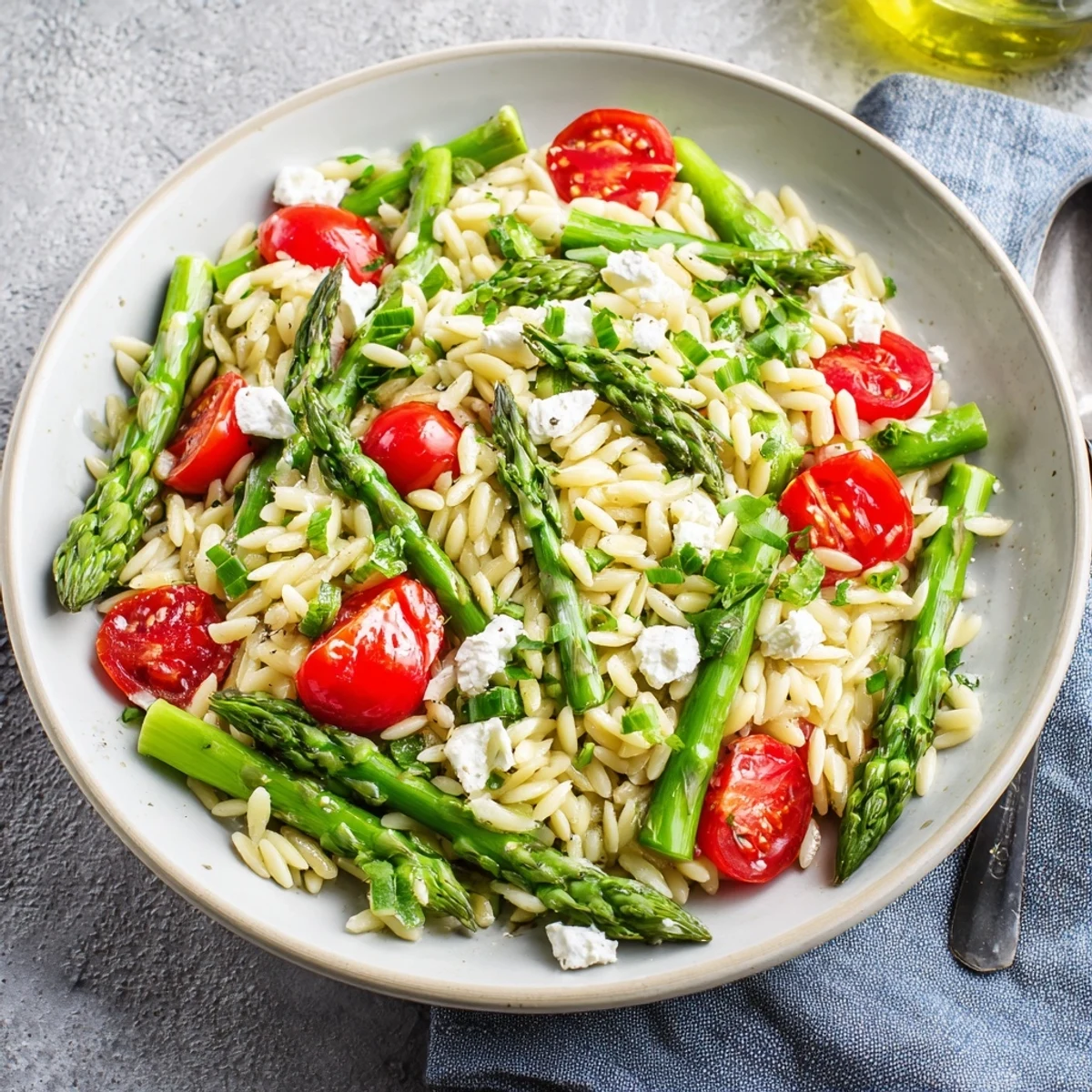A bowl of Asparagus Orzo Salad With Lemon Vinaigrette, tender green spears and orzo.