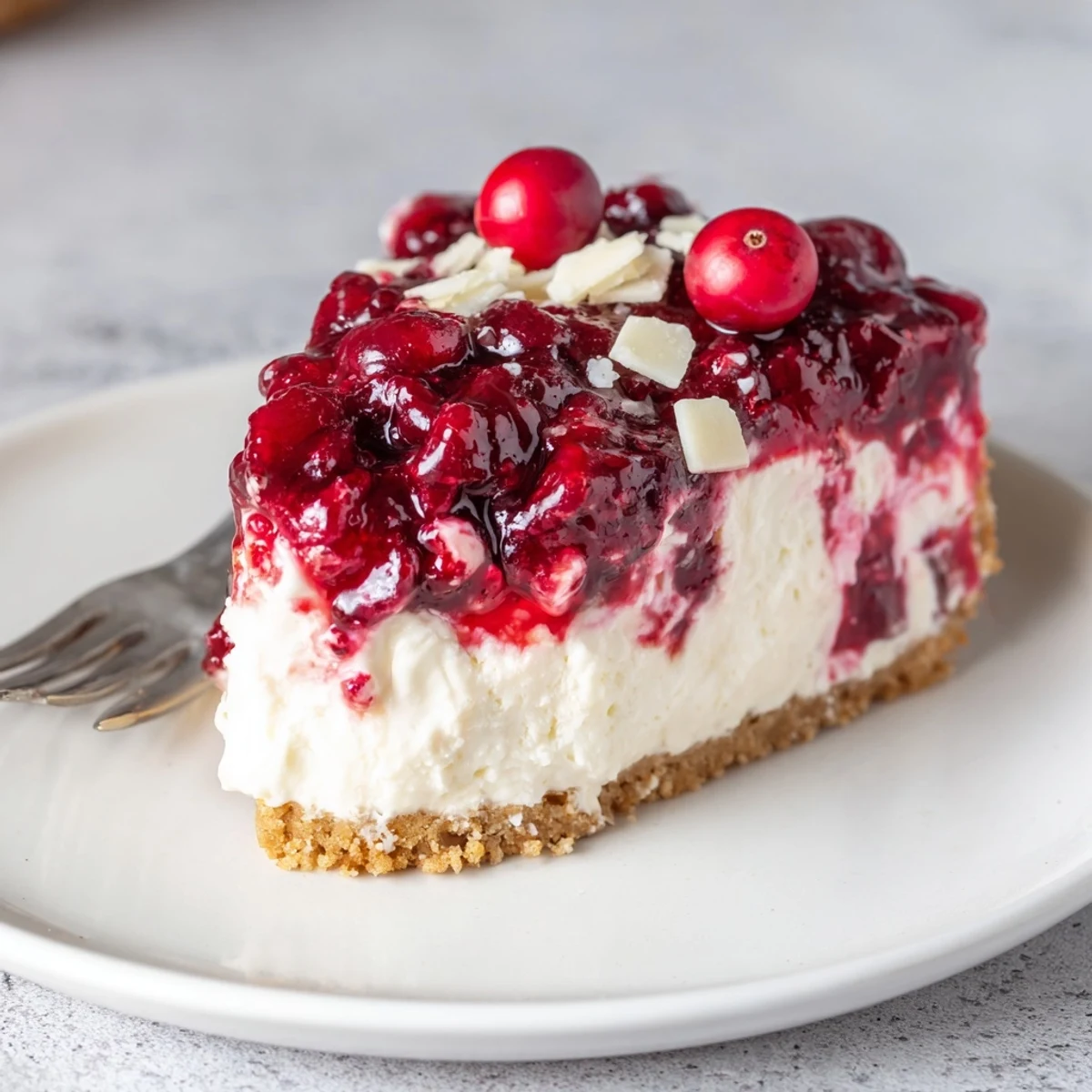 No Bake Cranberry White Chocolate Cheesecake with glossy cranberry topping and white shavings