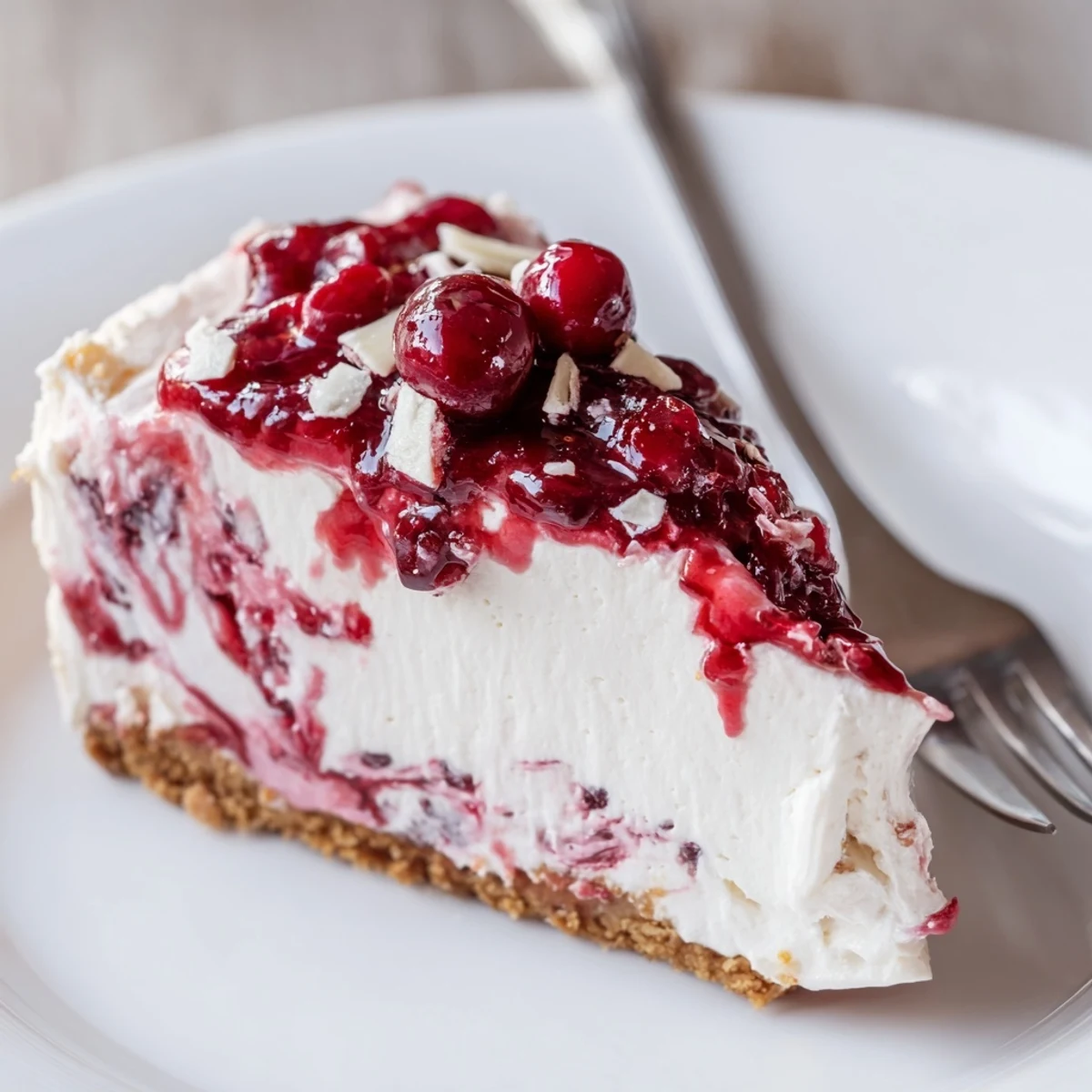 Decadent No Bake Cranberry White Chocolate Cheesecake chilled, served with fresh cranberries and mint