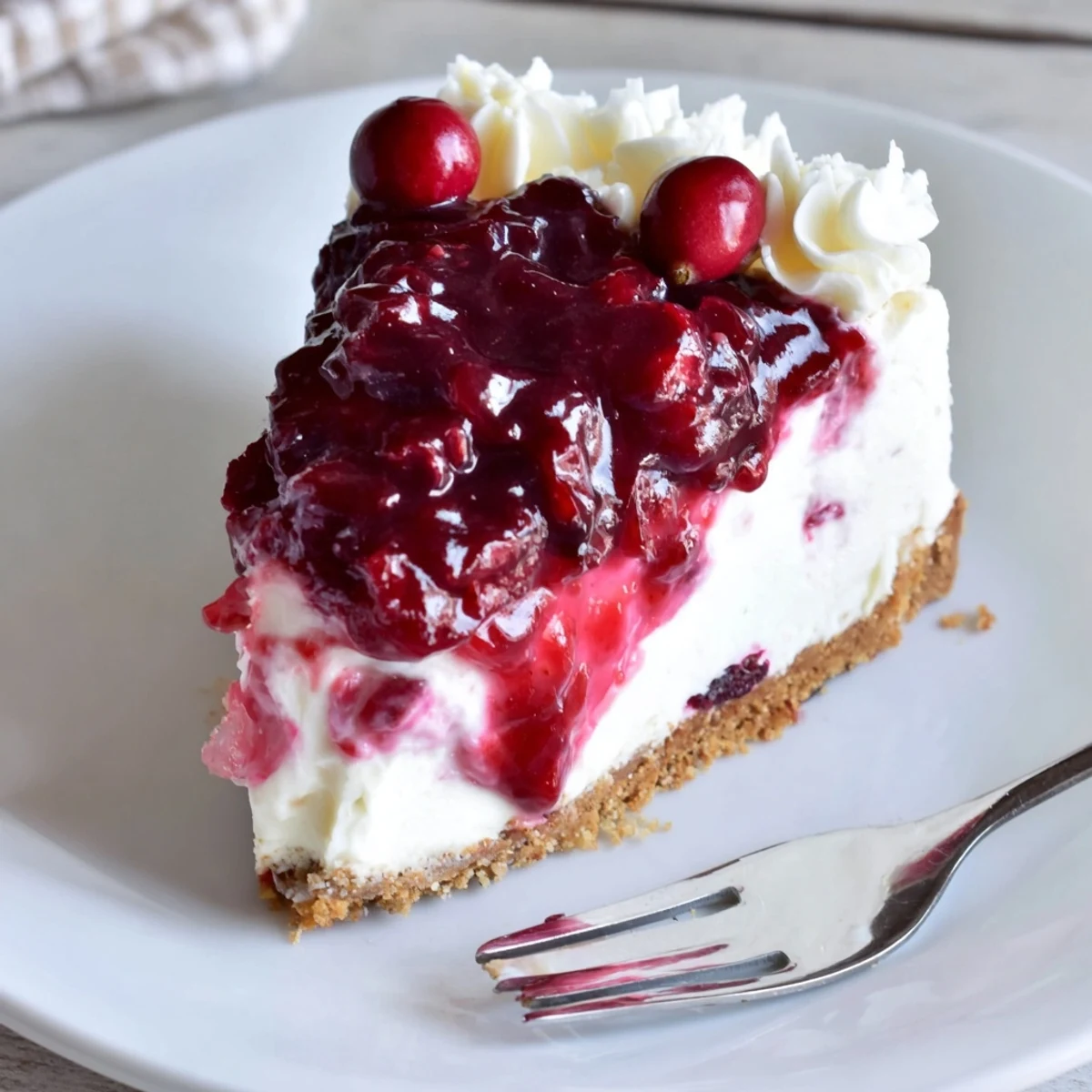 Slice of No Bake Cranberry White Chocolate Cheesecake on plate, creamy texture
