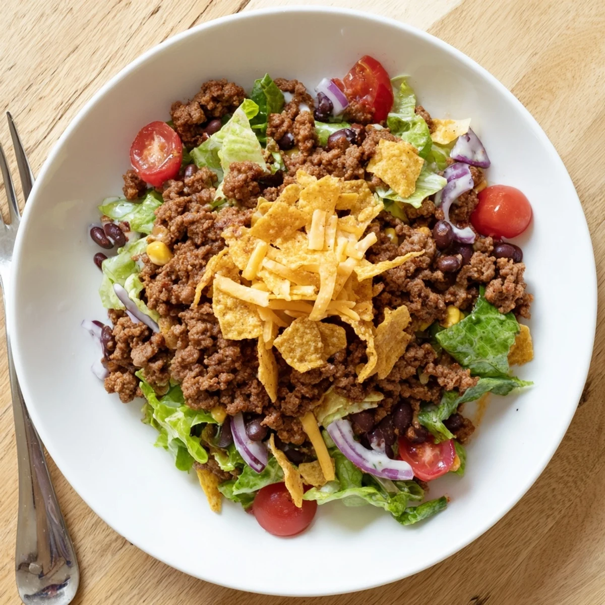 Simple Doritos Taco Salad tossed just before serving, crunchy texture, melty cheddar