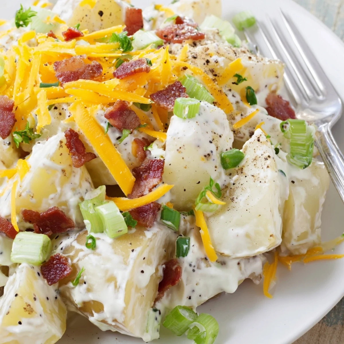 Creamy Beef Bacon Loaded Potato Salad piled high, garnished with parsley  