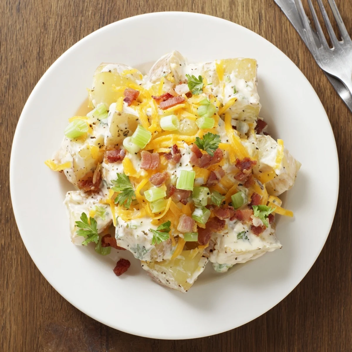 Crowd-sized bowl of Beef Bacon Loaded Potato Salad, tangy dressing, celery crunch