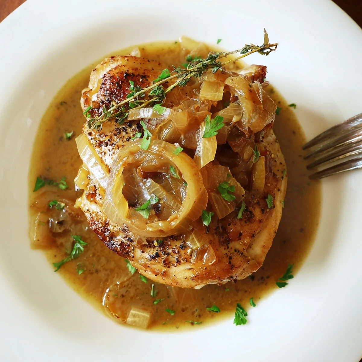 A plate of Savory Smothered Chicken Thighs with golden seared skin, caramelized onions