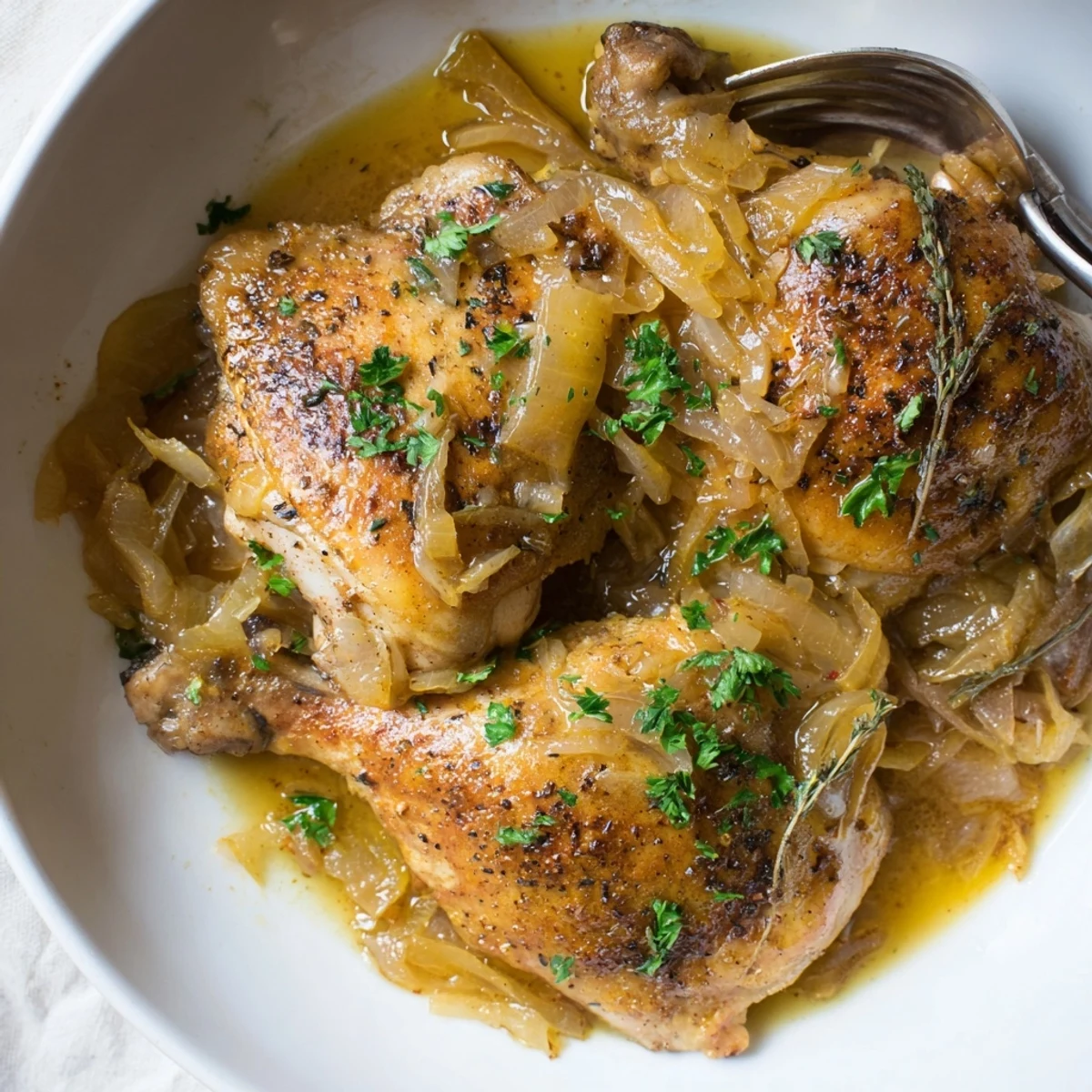 Savory Smothered Chicken Thighs braised low and slow in rich, silky onion gravy