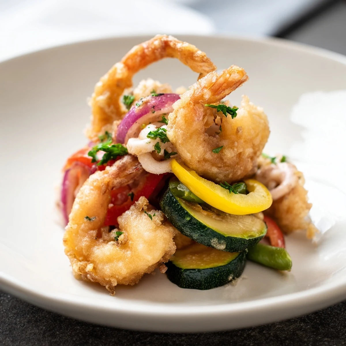 Crispy Shrimp Fritto Misto piled on platter, golden batter, lemon wedges