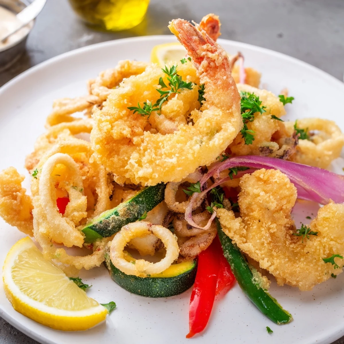A close-up of Crispy Shrimp Fritto Misto with parsley and dipping sauce