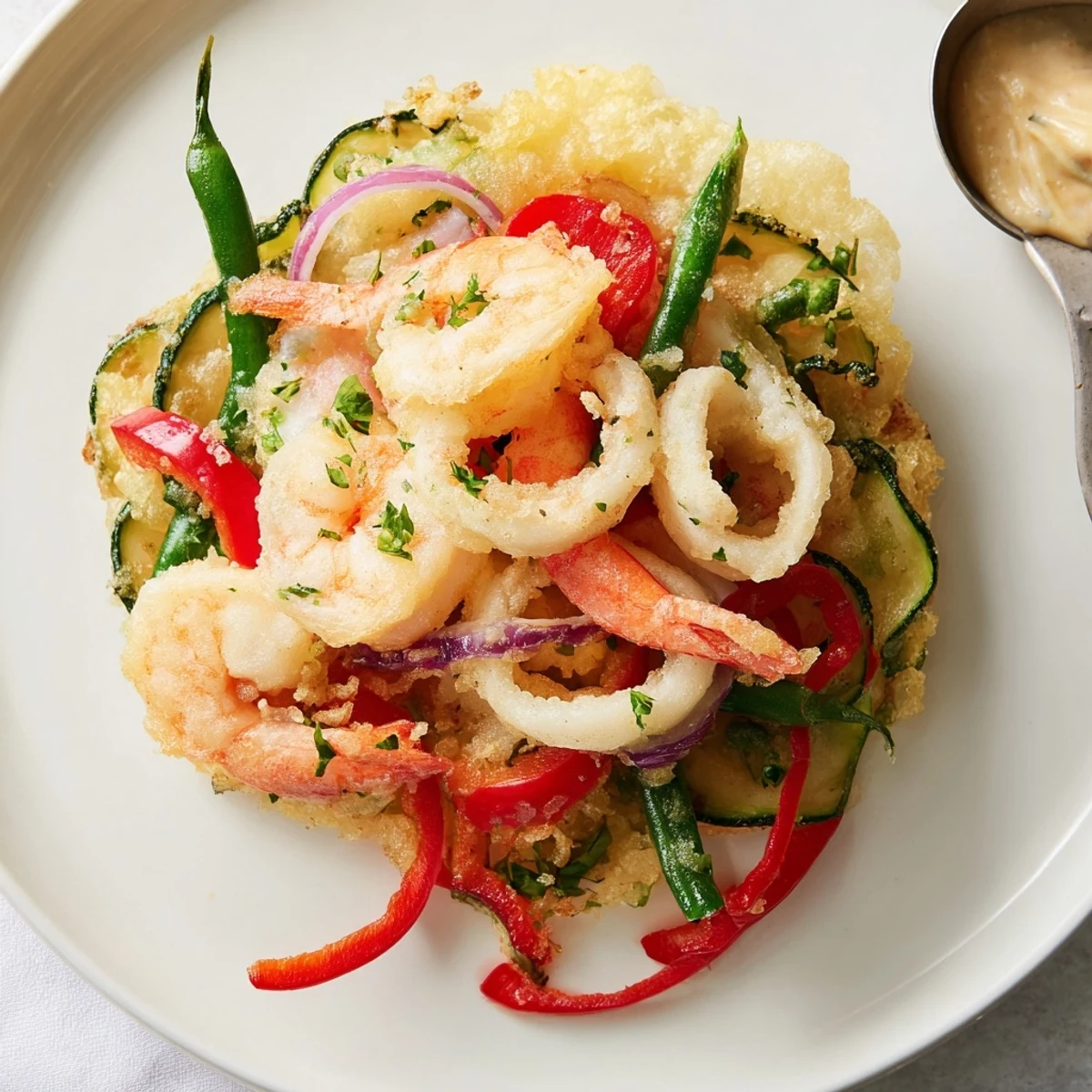 Plate of Crispy Shrimp Fritto Misto steaming hot, crunchy vegetables, aioli
