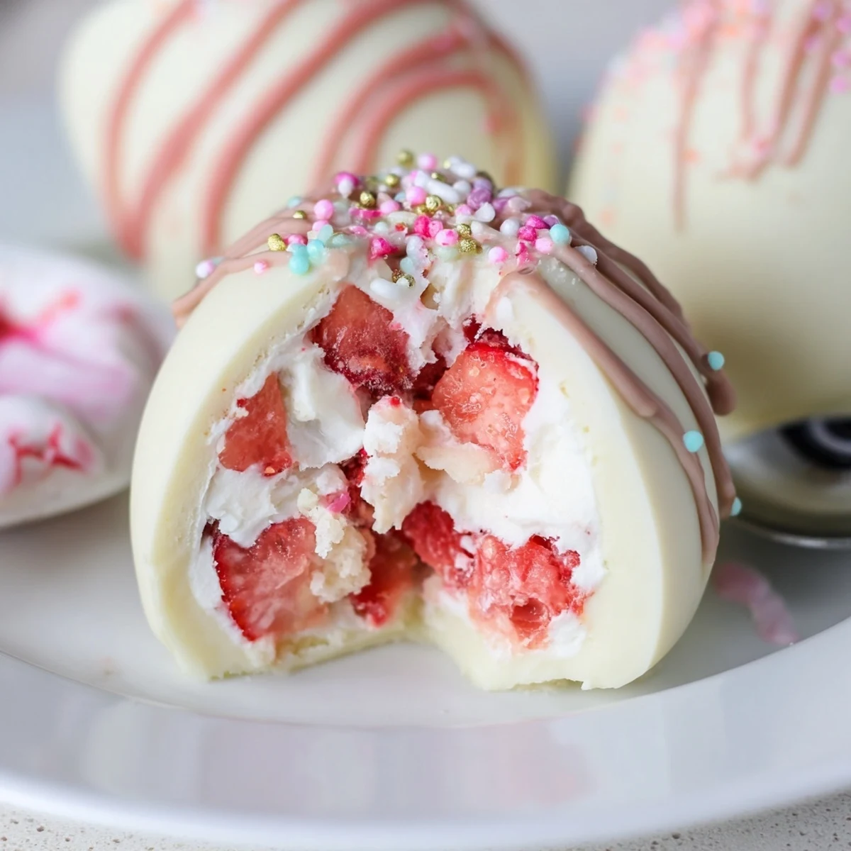 Strawberry Shortcake Easter Egg Bombs with fluffy whipped cream peeking from chocolate