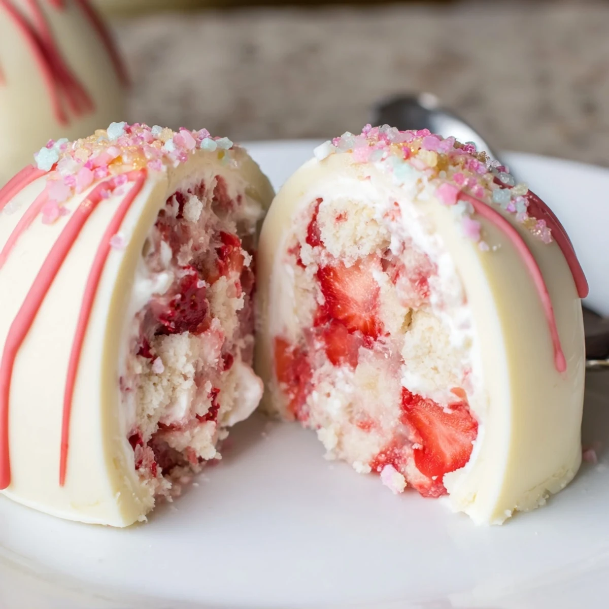 Handheld Strawberry Shortcake Easter Egg Bombs dusted with powdered sugar, fresh strawberries