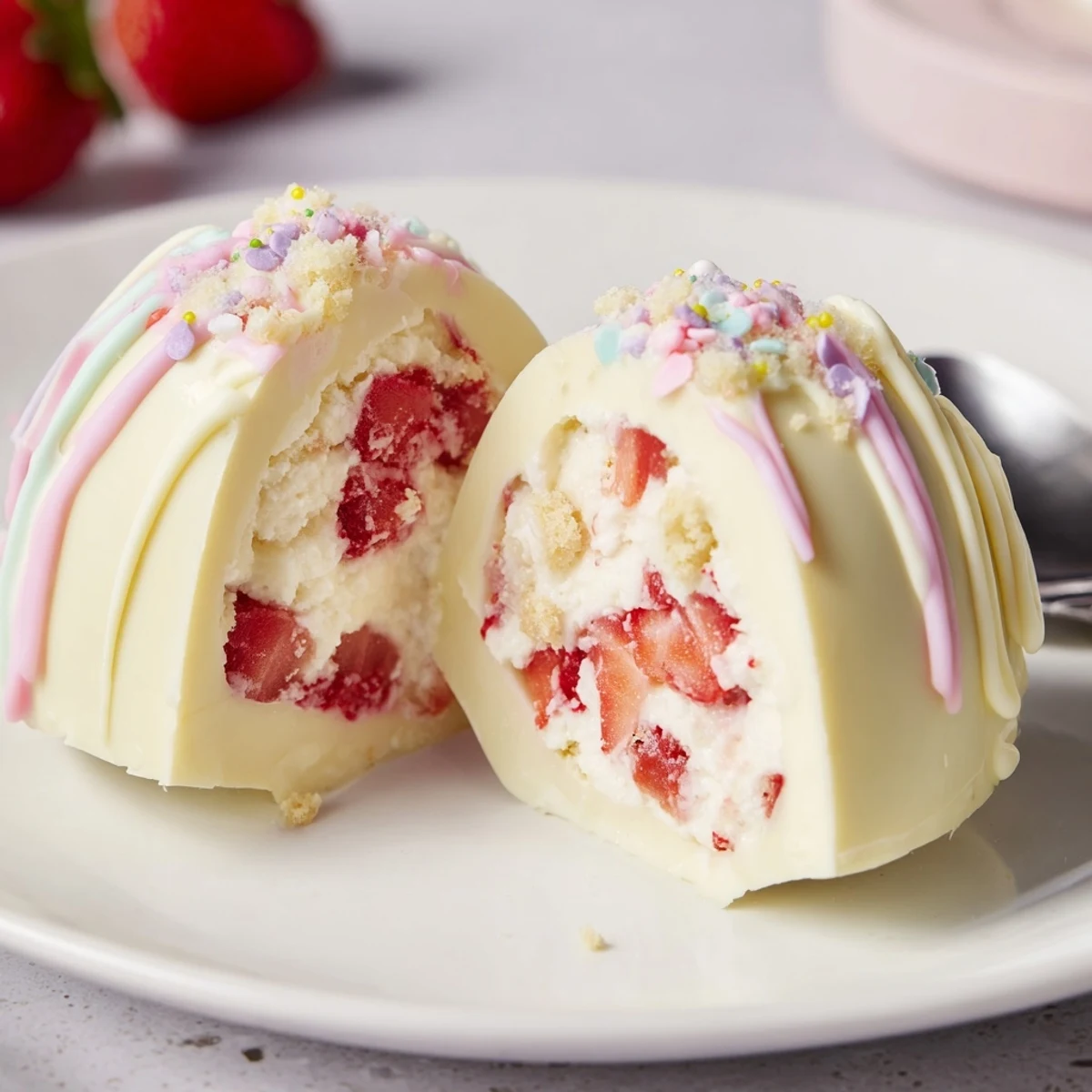 Mini Strawberry Shortcake Easter Egg Bombs chilling on tray, ready for spring