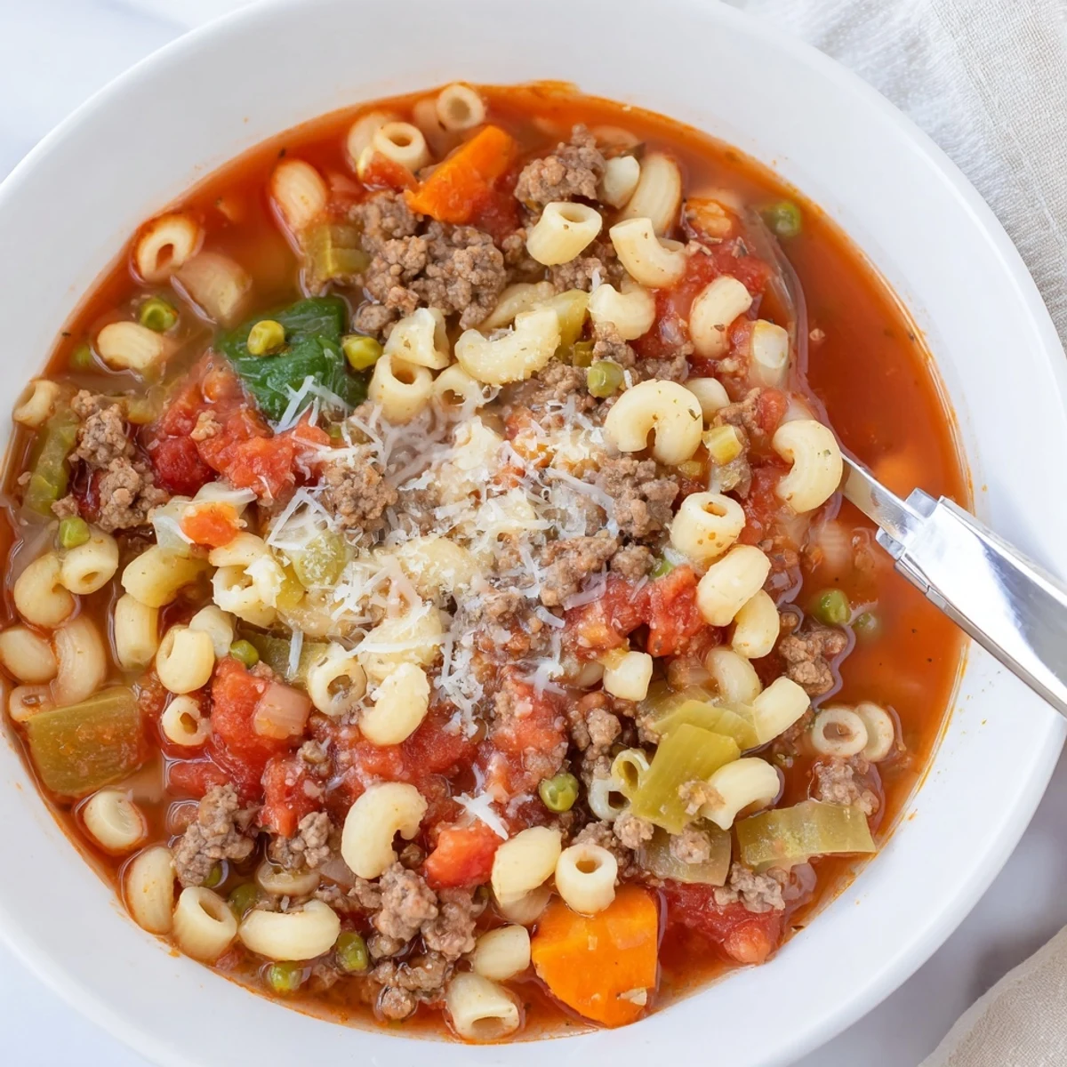 Delicious Homemade Ground Beef Pasta Soup steaming in bowl, savory broth, tender pasta