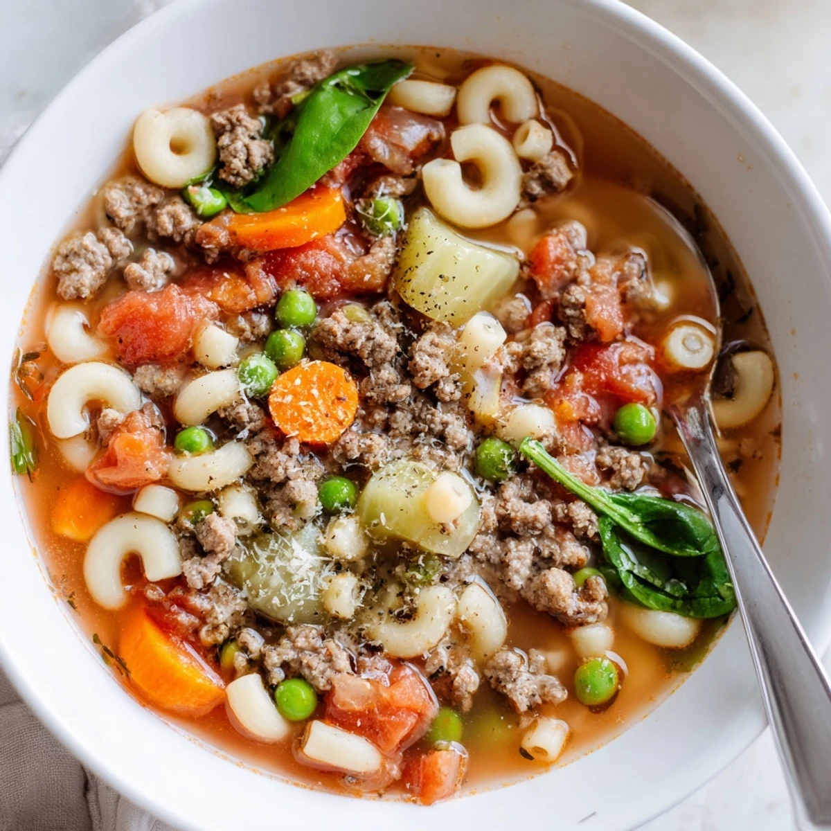 Spoonful of Delicious Homemade Ground Beef Pasta Soup topped with melting Parmesan
