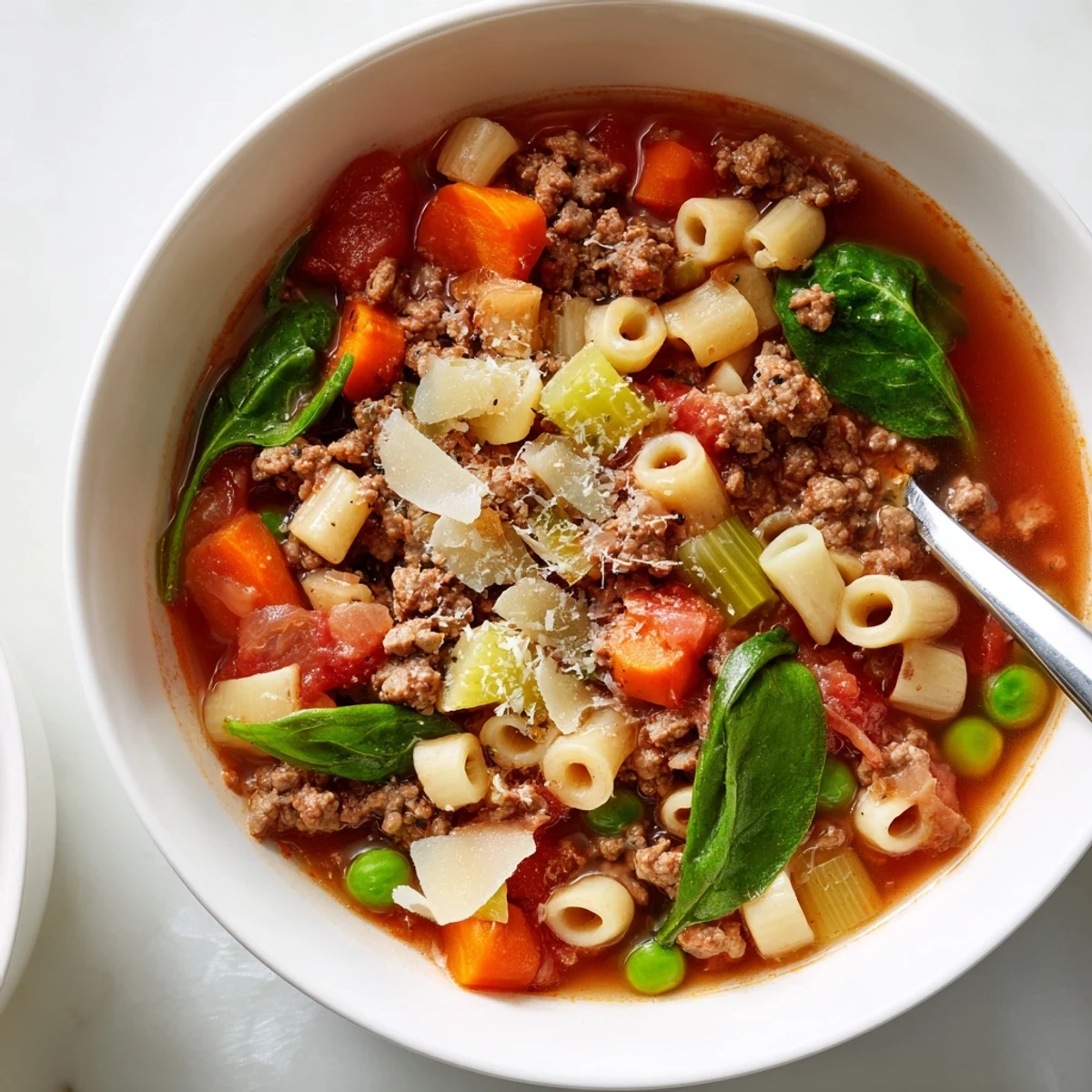 Warm bowl of Delicious Homemade Ground Beef Pasta Soup with carrots and peas