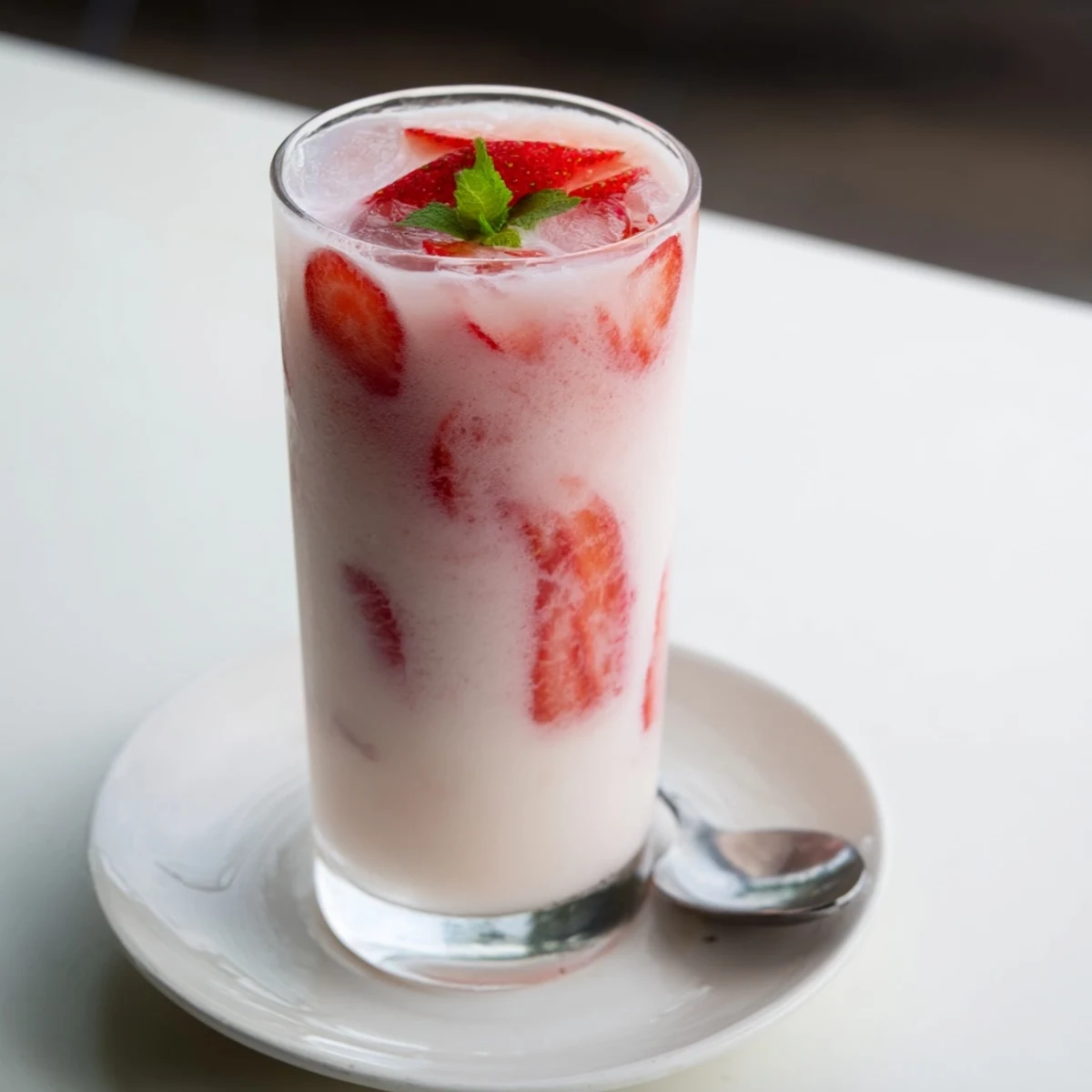 Chilled Strawberry Coconut Cooler Recipe with frothy texture, garnished with mint