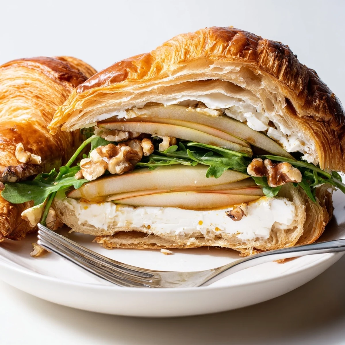 Apple Goat Cheese Croissant Sandwich Recipe layered with arugula, honey drizzle, nutty crunch