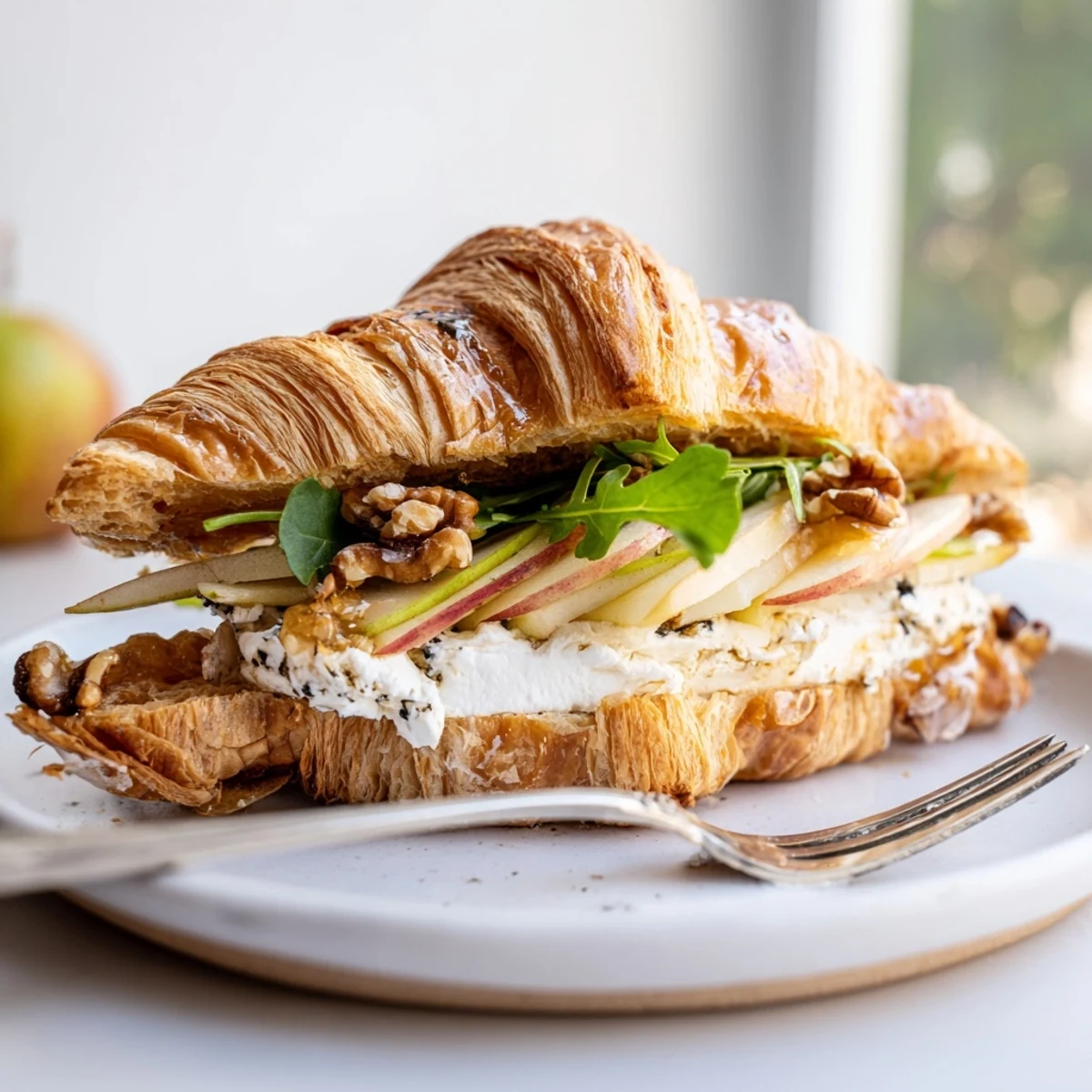 Apple Goat Cheese Croissant Sandwich Recipe plated for brunch, tangy goat cheese visible