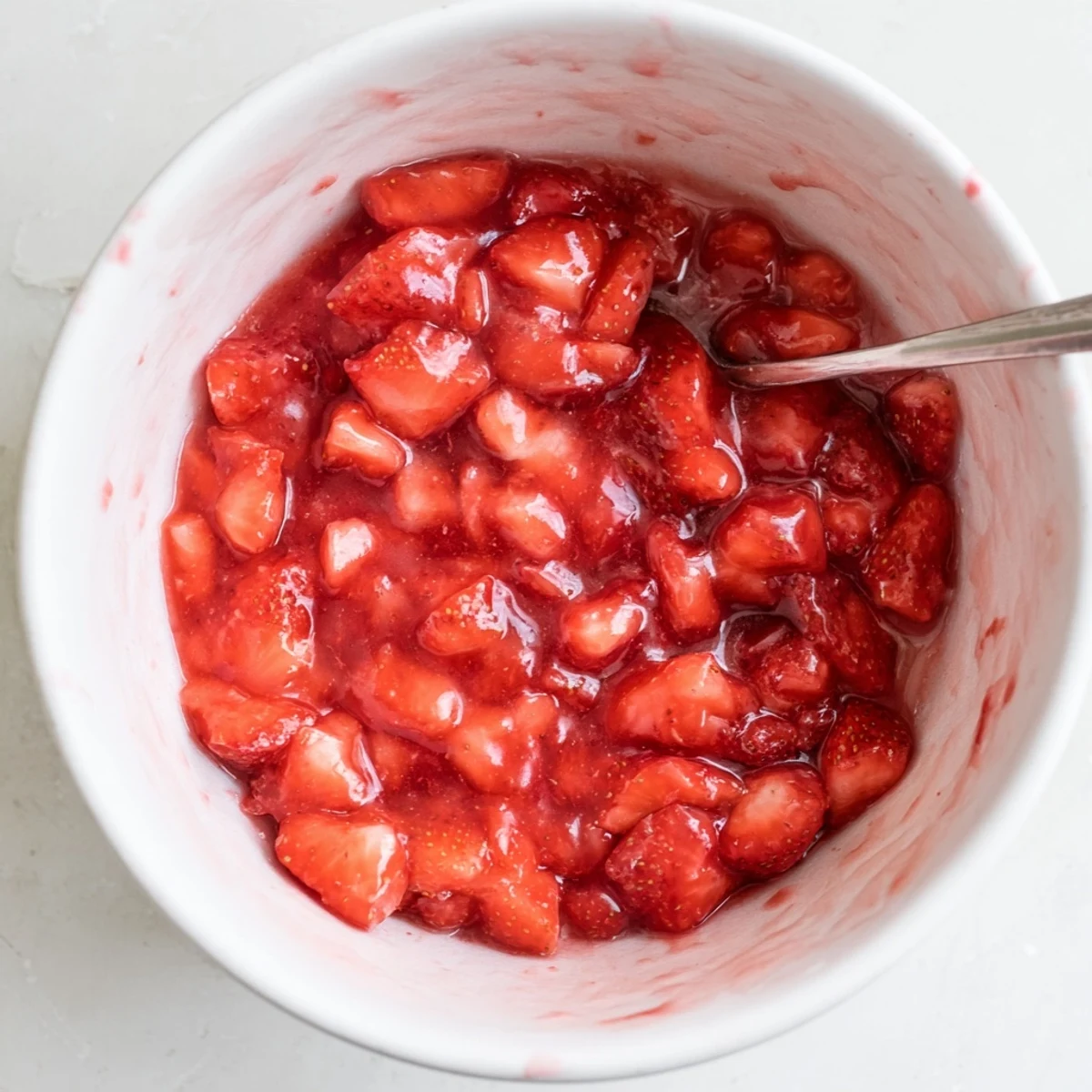 Strawberry Cake Filling Recipe: glossy, ruby-red filling cooling in a saucepan