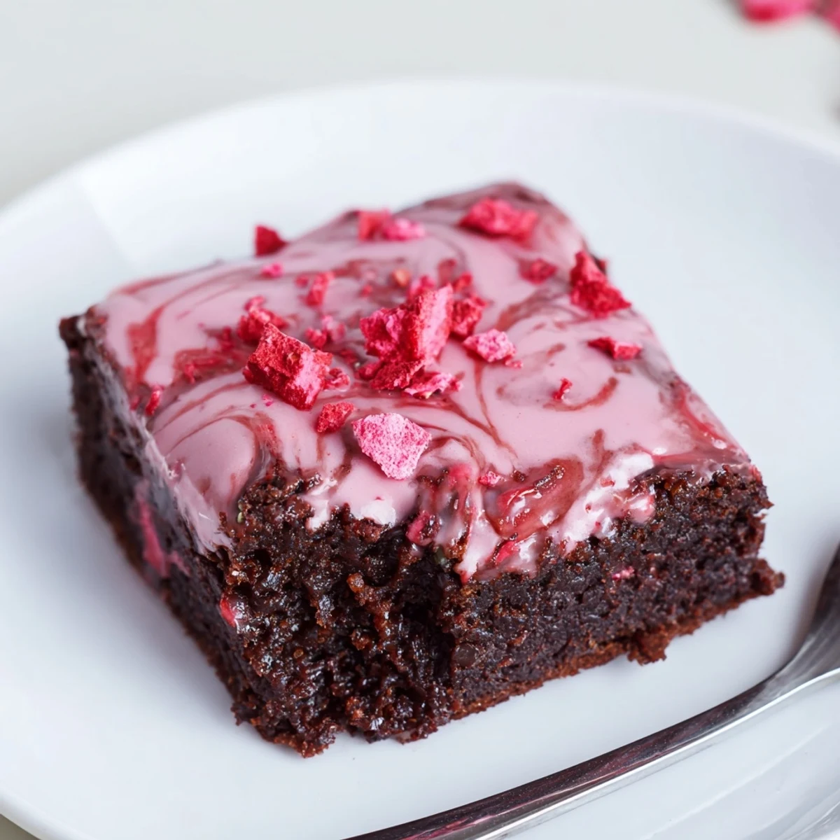 Strawberry Brownies Recipe: fudgy squares glazed with pink strawberry icing, ready to eat