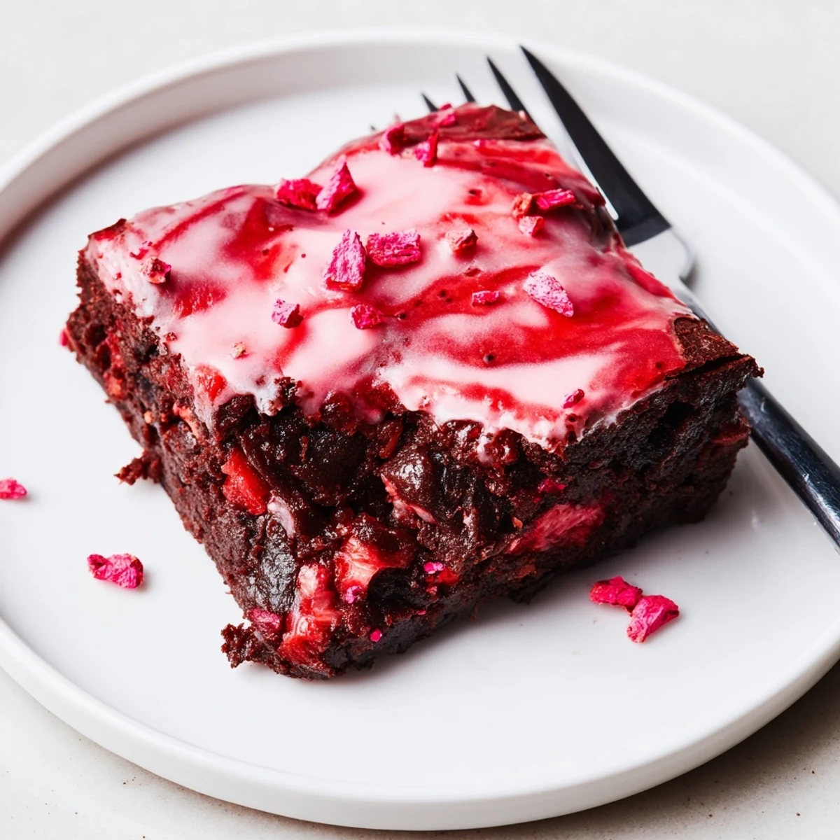 Serve warm Strawberry Brownies Recipe with whipped cream and sliced fresh strawberries