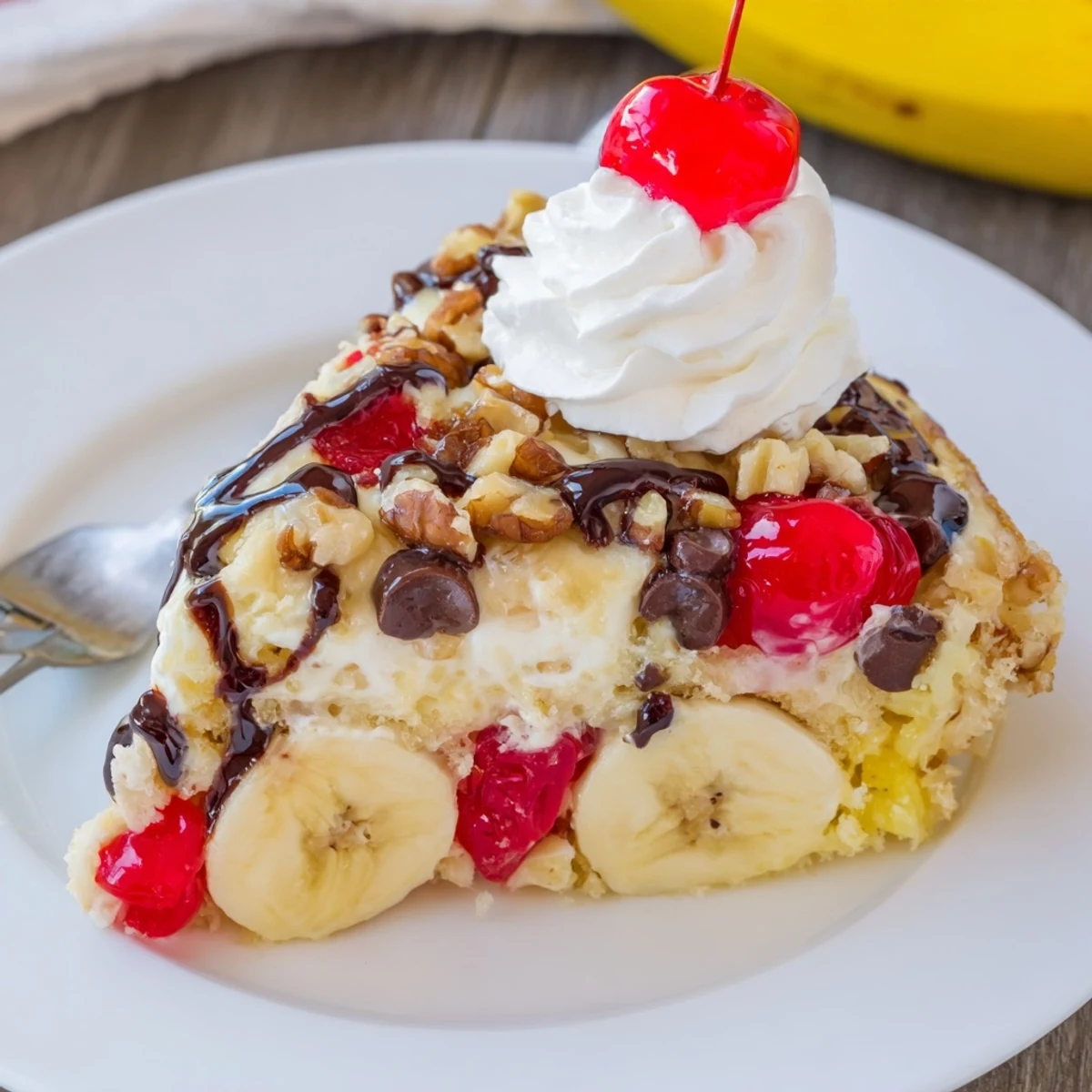 Bubbling Banana Split Dump Cake in baking dish, golden crust topped with cherries