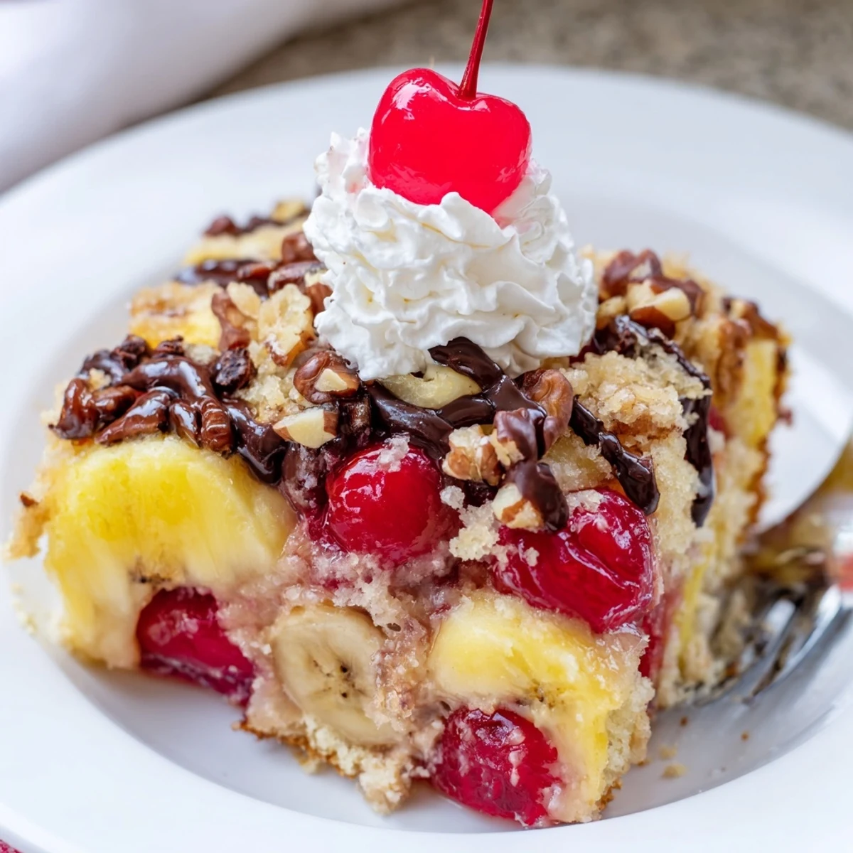 Chocolate chips and cherries stud a warm Banana Split Dump Cake, ready for scoops
