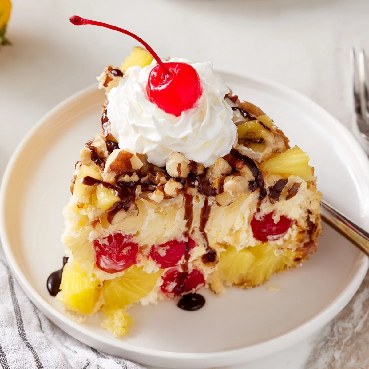 Sliced bananas and pineapple under Banana Split Dump Cake, served with whipped cream