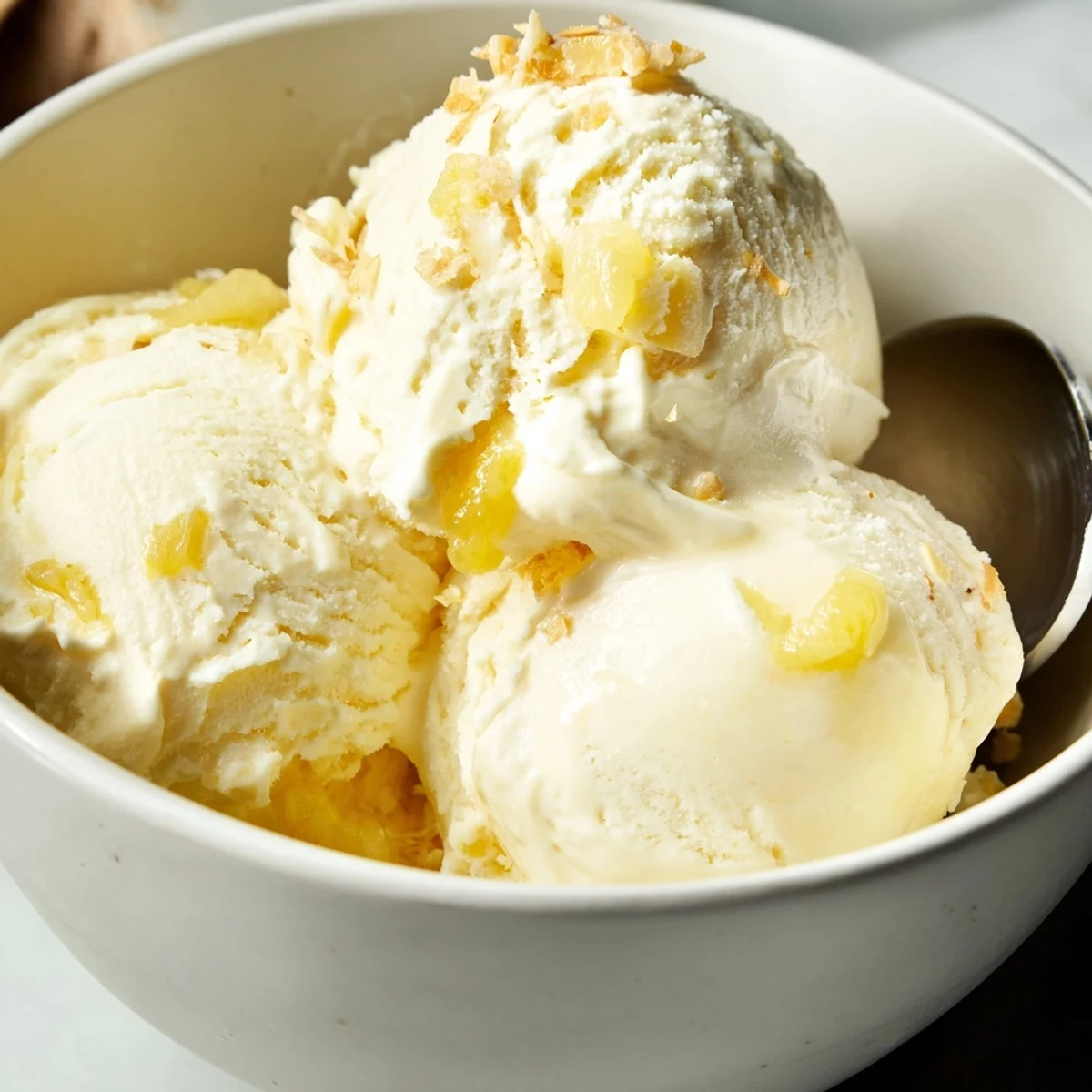 Churned smooth, Creamy Pineapple Ice Cream Recipe served with fresh pineapple slices