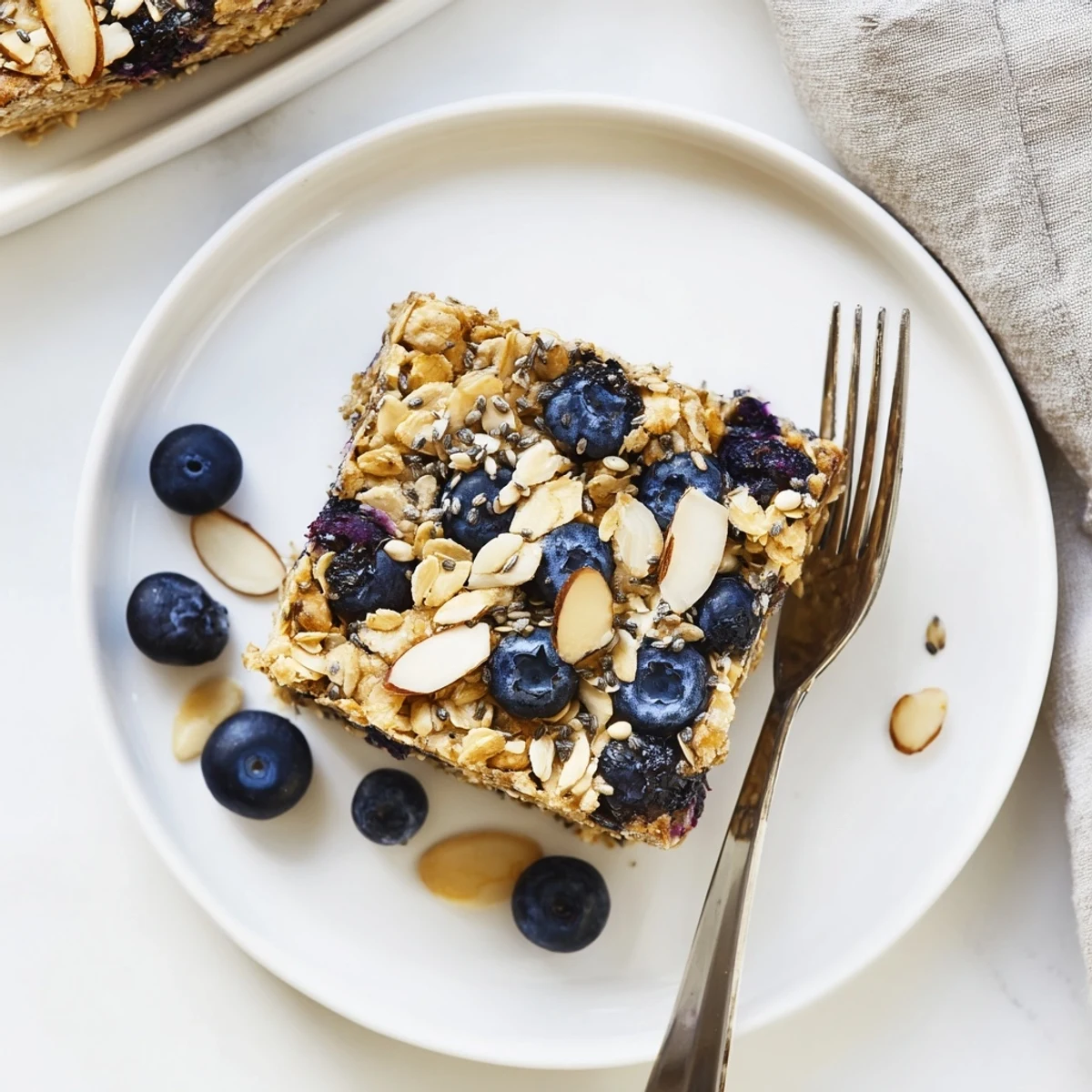 Sliced high protein lemon blueberry breakfast bake served warm with fresh blueberries and honey drizzle