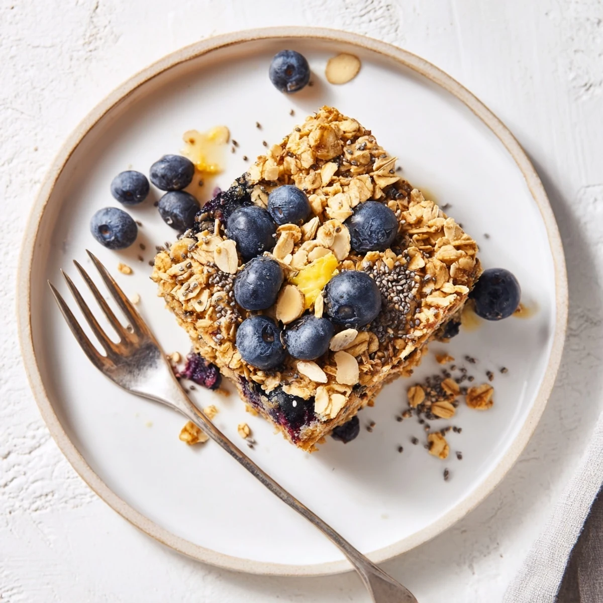 Baked high protein lemon blueberry breakfast bake showing fluffy texture with lemon zest and blueberries throughout