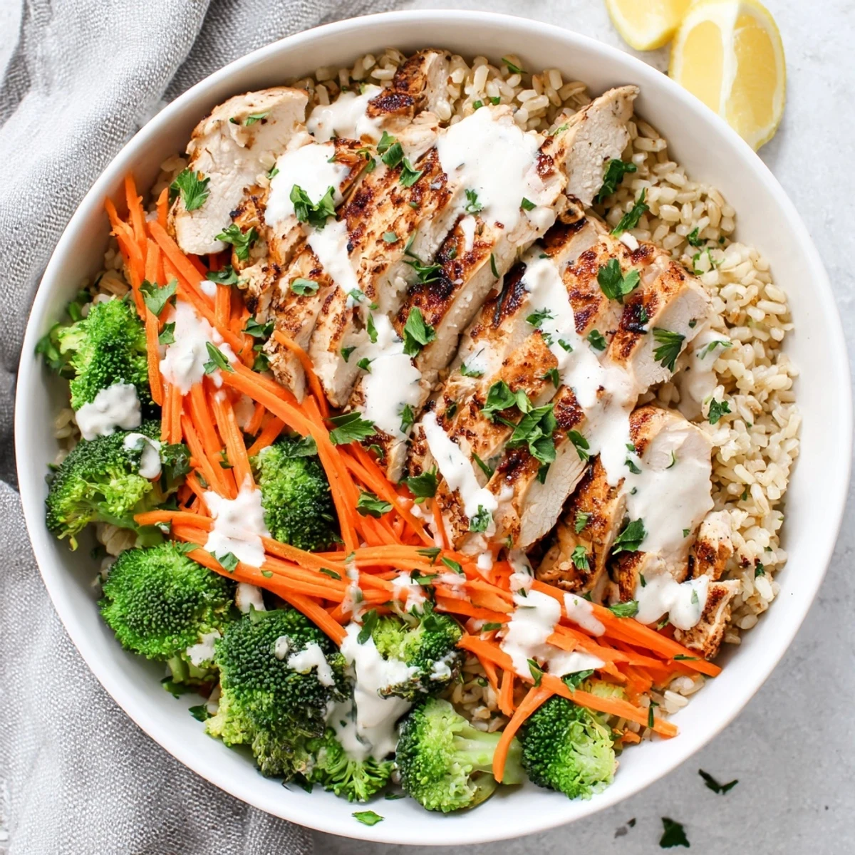 Healthy grilled chicken broccoli bowls topped with creamy garlic sauce over brown rice