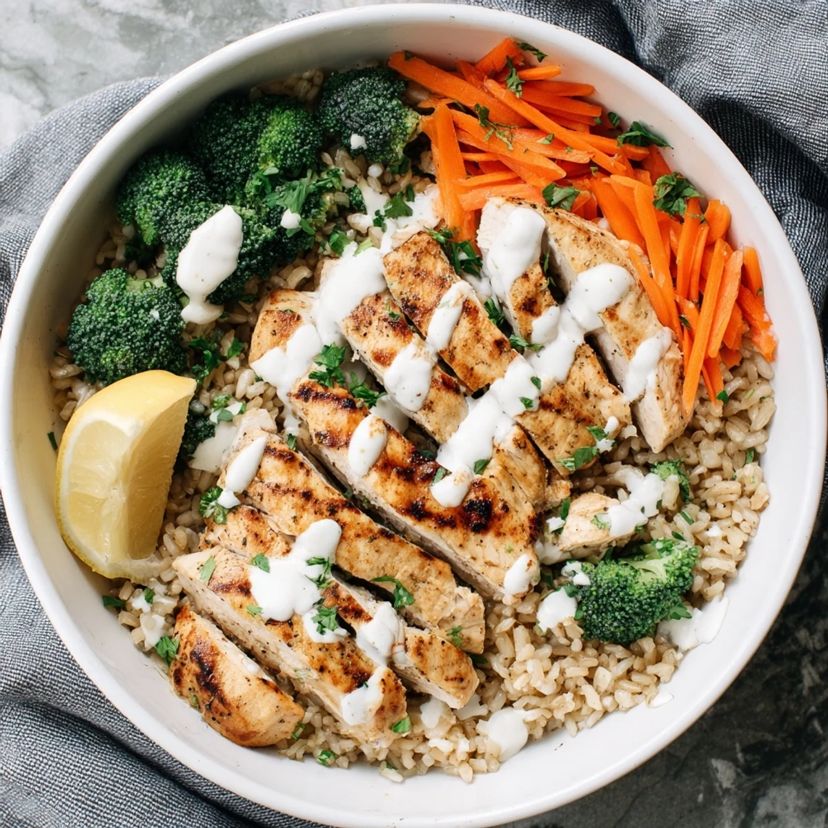 Sliced grilled chicken breast and steamed broccoli drizzled with luscious garlic yogurt sauce