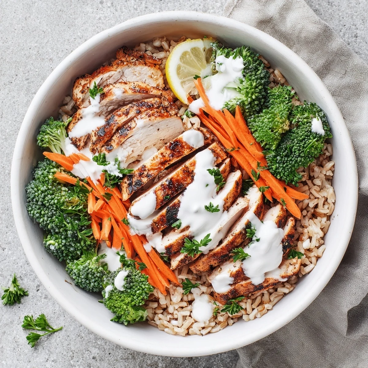 Nourishing grain bowl featuring tender grilled chicken, broccoli florets, and creamy garlic dressing