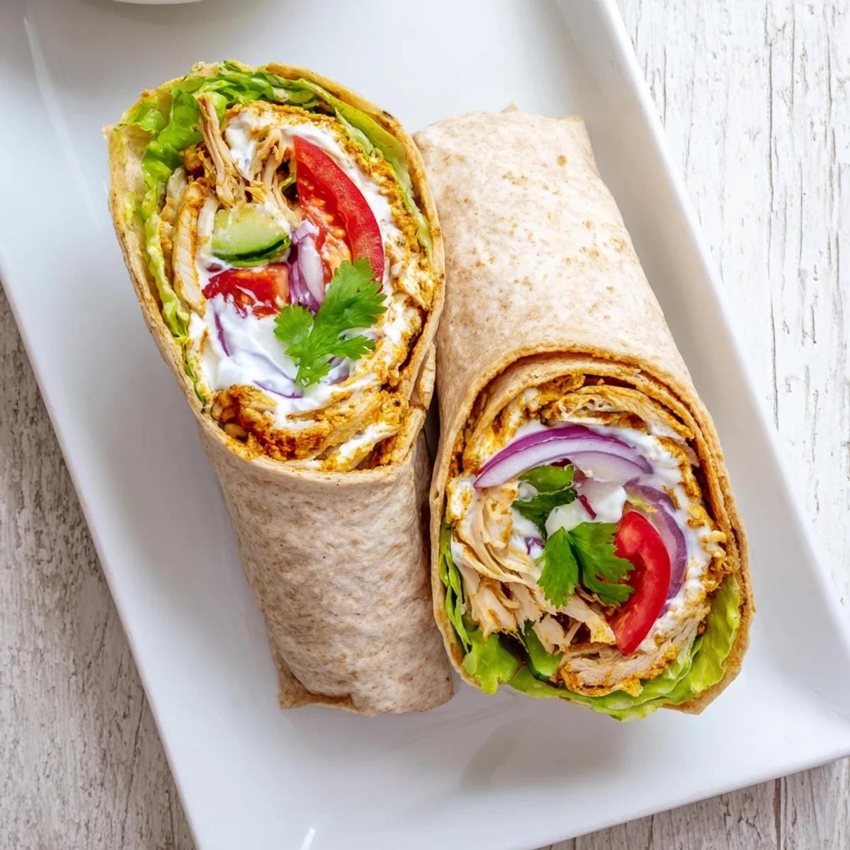 Golden crispy cottage cheese flatbread wrapped around seasoned shredded chicken with fresh lettuce and tomato