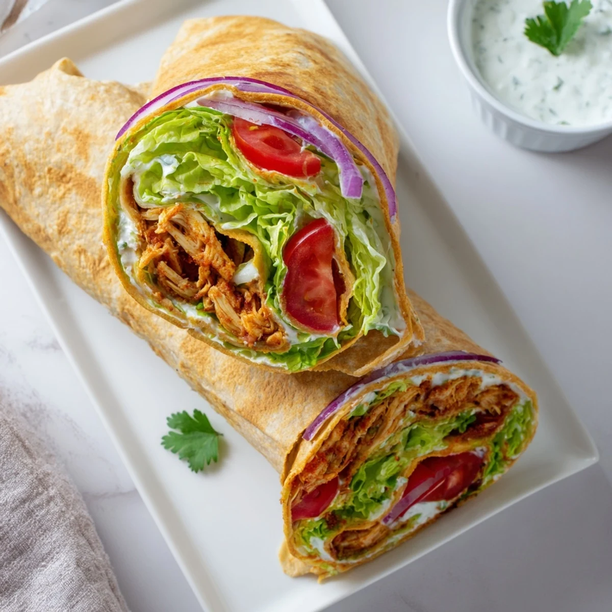High protein chicken wrap featuring baked cottage cheese flatbread stuffed with spiced poultry and crisp vegetables